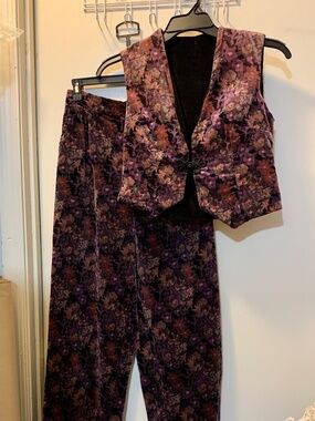 Vintage Hand Made Purple Floral Crushed Velvet Vest & Pants - 70's Disco Ready!